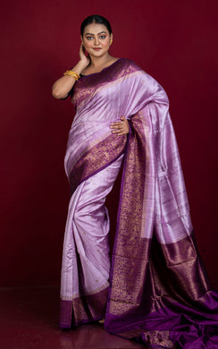 Handwoven Dupion Tussar Raw Silk Saree in Lavender, Eggplant Purple and Antique Golden