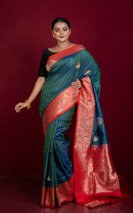 Premium Tussar Banarasi Silk Saree in Cross Color Tone of Myrtle Green and Blue with Red Border