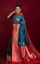 Premium Tussar Banarasi Silk Saree in Cross Color Tone of Myrtle Green and Blue with Red Border