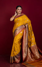 Minakari Border Dupion Tussar Banarasi Saree in Golden Yellow, Purple and Diffuse Red