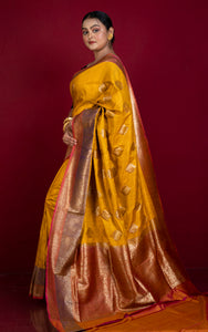 Minakari Border Dupion Tussar Banarasi Saree in Golden Yellow, Purple and Diffuse Red