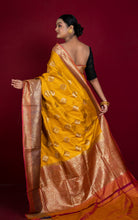 Minakari Border Dupion Tussar Banarasi Saree in Golden Yellow, Purple and Diffuse Red