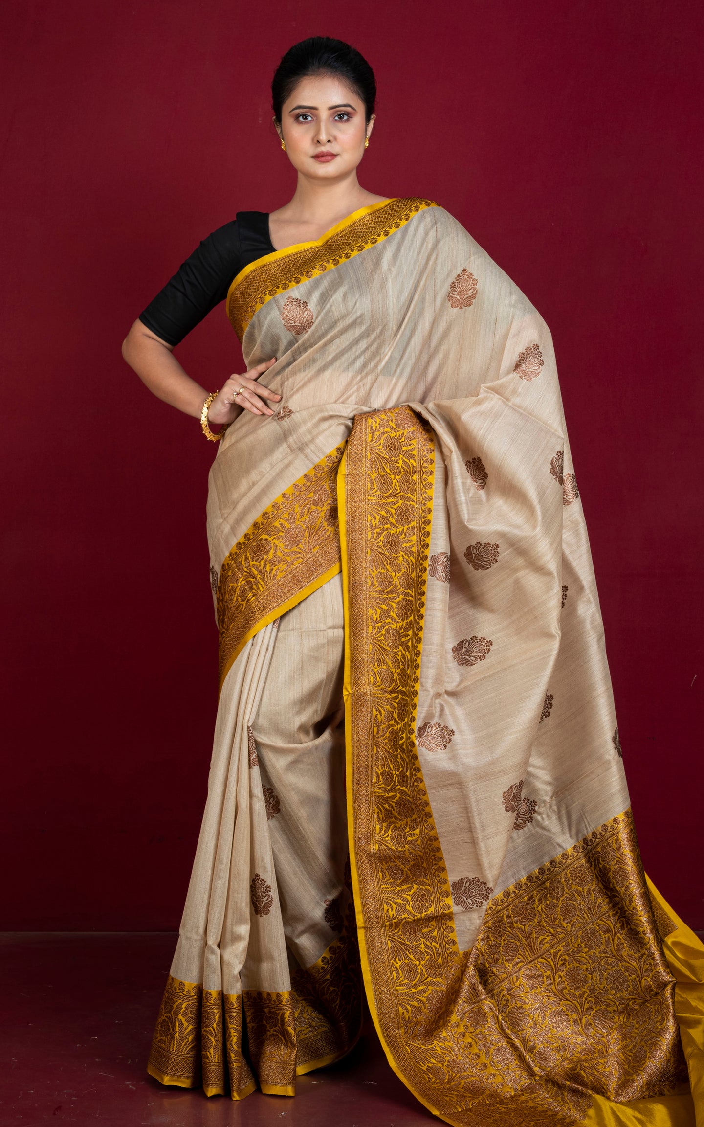 Premium Quality Tussar Banarasi Silk Saree in Beige and Golden Yellow