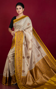 Premium Quality Tussar Banarasi Silk Saree in Beige and Golden Yellow