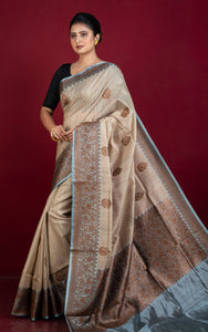 Premium Quality Tussar Banarasi Silk Saree in Beige and Slate Grey