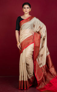 Premium Quality Tussar Banarasi Silk Saree in Beige and Red