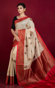 Premium Quality Tussar Banarasi Silk Saree in Beige and Red