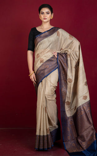 Premium Quality Tussar Banarasi Silk Saree in Beige and Midnight Blue