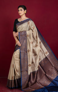 Premium Quality Tussar Banarasi Silk Saree in Beige and Midnight Blue