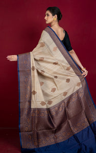 Premium Quality Tussar Banarasi Silk Saree in Beige and Midnight Blue