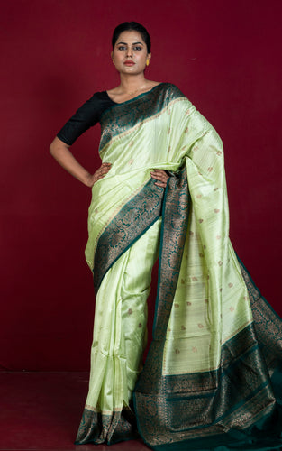 Handwoven Dupion Tussar Raw Silk Saree in Pastel Green, Dark Bottle Green and Antique Golden