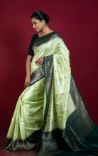 Handwoven Dupion Tussar Raw Silk Saree in Pastel Green, Dark Bottle Green and Antique Golden