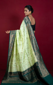 Handwoven Dupion Tussar Raw Silk Saree in Pastel Green, Dark Bottle Green and Antique Golden