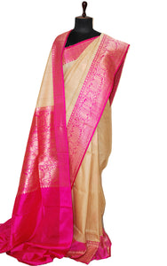 Tussar Banarasi Silk Saree in Beige and Hot Pink
