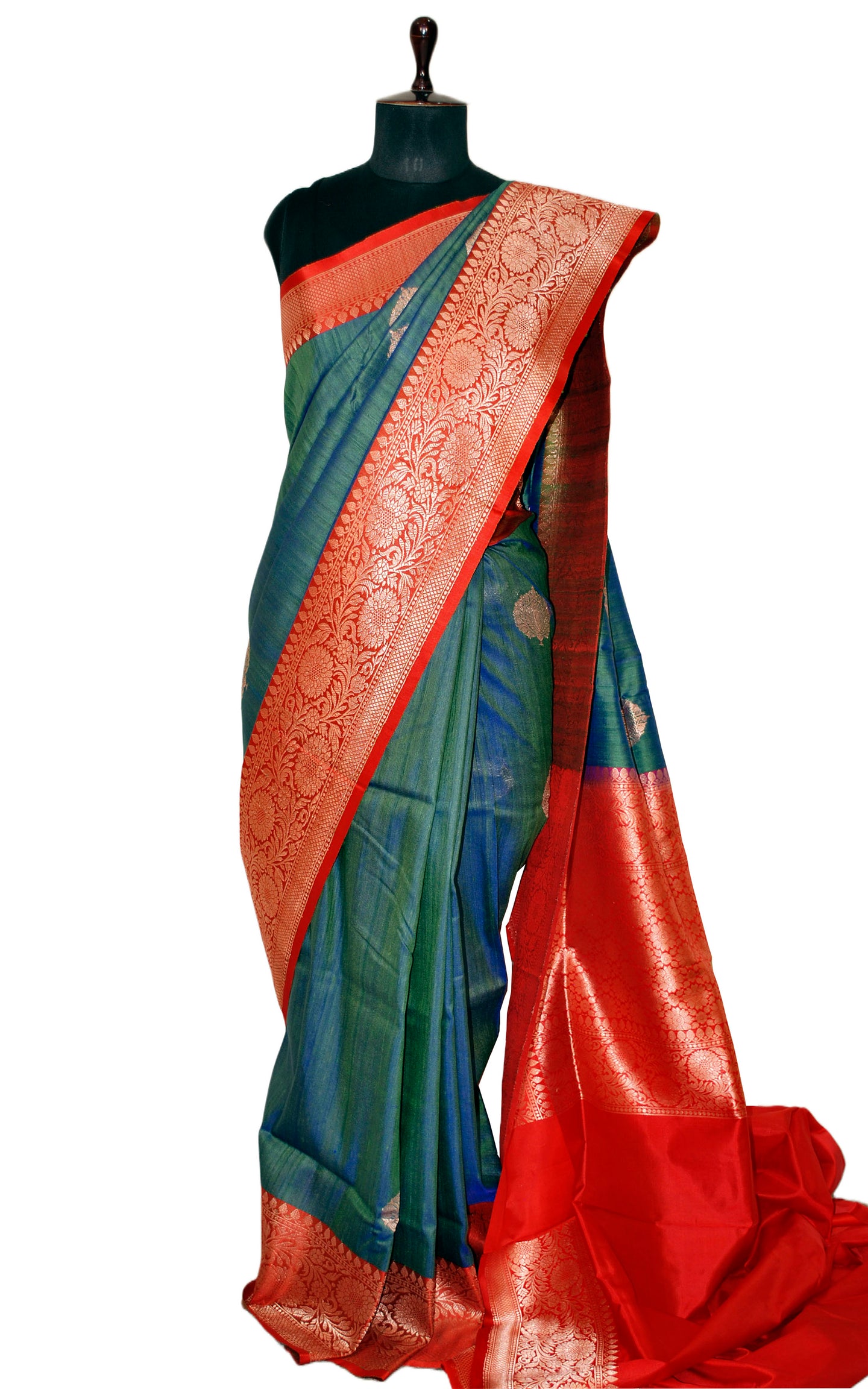 Premium Tussar Banarasi Silk Saree in Cross Color Tone of Myrtle Green and Blue with Red Border