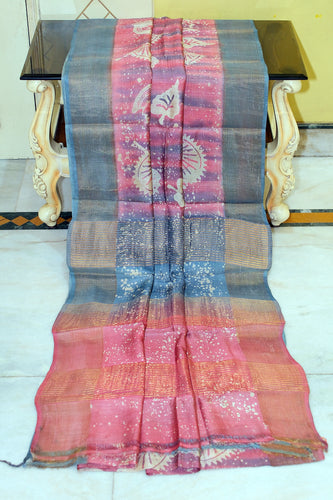 Hand Block Wax Batik Soft Tussar Silk Saree in Petite Orchid, Stone Grey and Off White