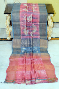 Hand Block Wax Batik Soft Tussar Silk Saree in Petite Orchid, Stone Grey and Off White