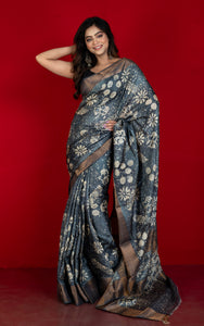 Hand Block Wax Batik Soft Tussar Silk Saree in Gunmetal Grey and Lemon Grass
