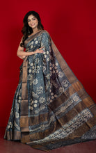 Hand Block Wax Batik Soft Tussar Silk Saree in Gunmetal Grey and Lemon Grass