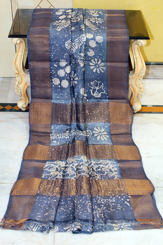 Hand Block Wax Batik Soft Tussar Silk Saree in Waikawa Grey and Off White