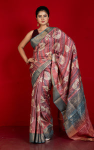 Hand Block Wax Batik Soft Tussar Silk Saree in Dusky Rose, Stone Grey and Off White