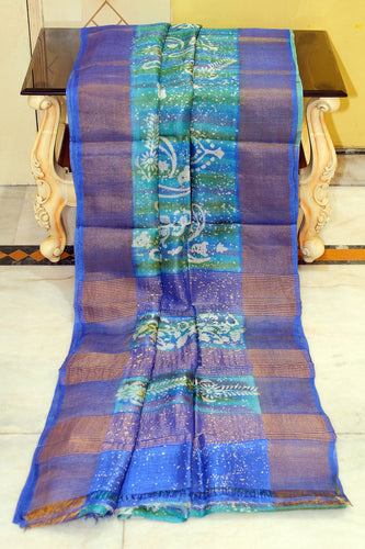 Block Wax Batik Printed Soft Tussar Silk Saree in Green, Royal Blue and Off White