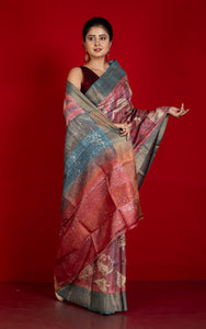 Hand Block Wax Batik Soft Tussar Silk Saree in Dusky Rose, Stone Grey and Off White