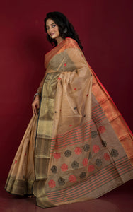 Traditional Bengal Tussar Banarasi Silk Saree in Warm Beige, Black and Red