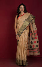 Traditional Bengal Tussar Banarasi Silk Saree in Warm Beige, Black and Red