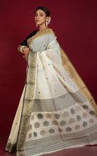 Traditional Bengal Tussar Banarasi Silk Saree in Off White, Black and Snuff Brown