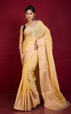 Handwoven Tussar Cotton Silk Banarasi Katan Saree in Beige, Light Brown and Copper