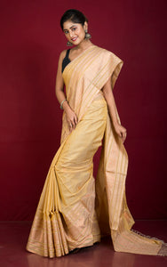 Handwoven Tussar Cotton Silk Banarasi Katan Saree in Beige, Light Brown and Copper