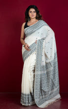 Handwoven Karat Needle Work Tussar Silk Jamdani Saree in Cotton White and Black