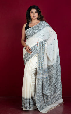 Handwoven Karat Needle Work Tussar Silk Jamdani Saree in Cotton White and Black