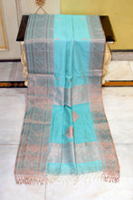 Handwoven Tussar Cotton Silk Banarasi Katan Saree in Aquamarine Blue and Copper