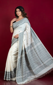 Handwoven Karat Needle Work Tussar Silk Jamdani Saree in Cotton White and Black