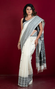 Handwoven Karat Needle Work Tussar Silk Jamdani Saree in Cotton White and Black