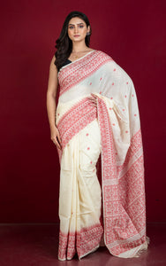 Handwoven Karat Needle Work Tussar Silk Jamdani Saree in Cotton White and Red