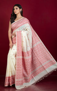 Handwoven Karat Needle Work Tussar Silk Jamdani Saree in Cotton White and Red