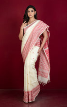 Handwoven Karat Needle Work Tussar Silk Jamdani Saree in Cotton White and Red