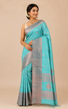 Handwoven Tussar Cotton Silk Banarasi Katan Saree in Aquamarine Blue and Copper