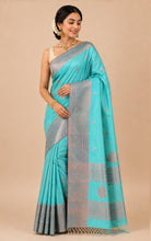 Handwoven Tussar Cotton Silk Banarasi Katan Saree in Aquamarine Blue and Copper