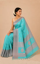 Handwoven Tussar Cotton Silk Banarasi Katan Saree in Aquamarine Blue and Copper