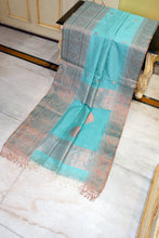Handwoven Tussar Cotton Silk Banarasi Katan Saree in Aquamarine Blue and Copper