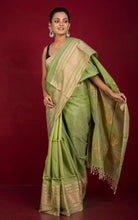 Handwoven Tussar Cotton Silk Banarasi Katan Saree in Paste Green and Copper