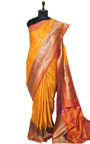 Minakari Border Dupion Tussar Banarasi Saree in Golden Yellow, Purple and Diffuse Red