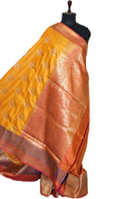Minakari Border Dupion Tussar Banarasi Saree in Golden Yellow, Purple and Diffuse Red
