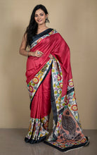 Designer Tussar Silk Saree in Red, Black, Beige and Multicolored Prints embellished with Silver Zari Hand Embroidery Pitai Work