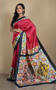 Designer Tussar Silk Saree in Red, Black, Beige and Multicolored Prints embellished with Silver Zari Hand Embroidery Pitai Work
