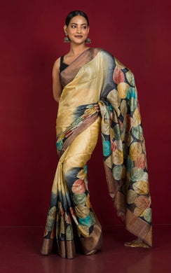 Designer Tussar Silk Saree in Beige, Black and Multicolored Prints embellished with Silver Zari Hand Embroidery Pitai Work